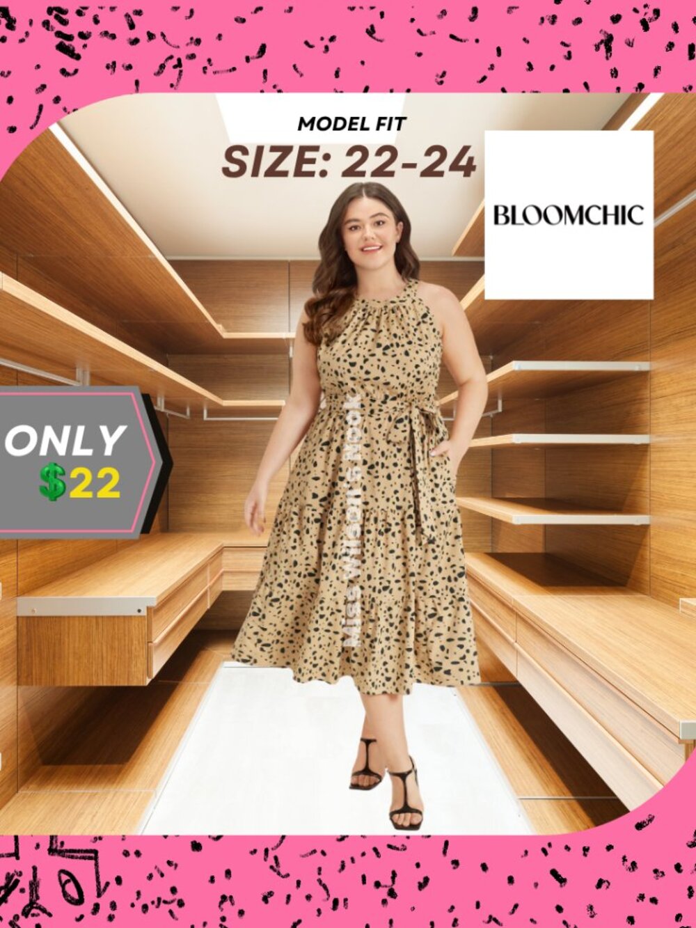 BloomChic Leopard Cheetah Halter Midi Dress Plus Size 22/24 with Pockets